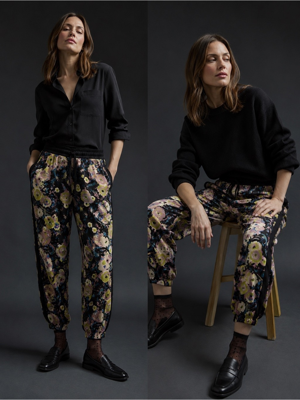PURPLE MAROON NWT Floral Jacquard Jogger Pants Black Drawstring Tapered Size S